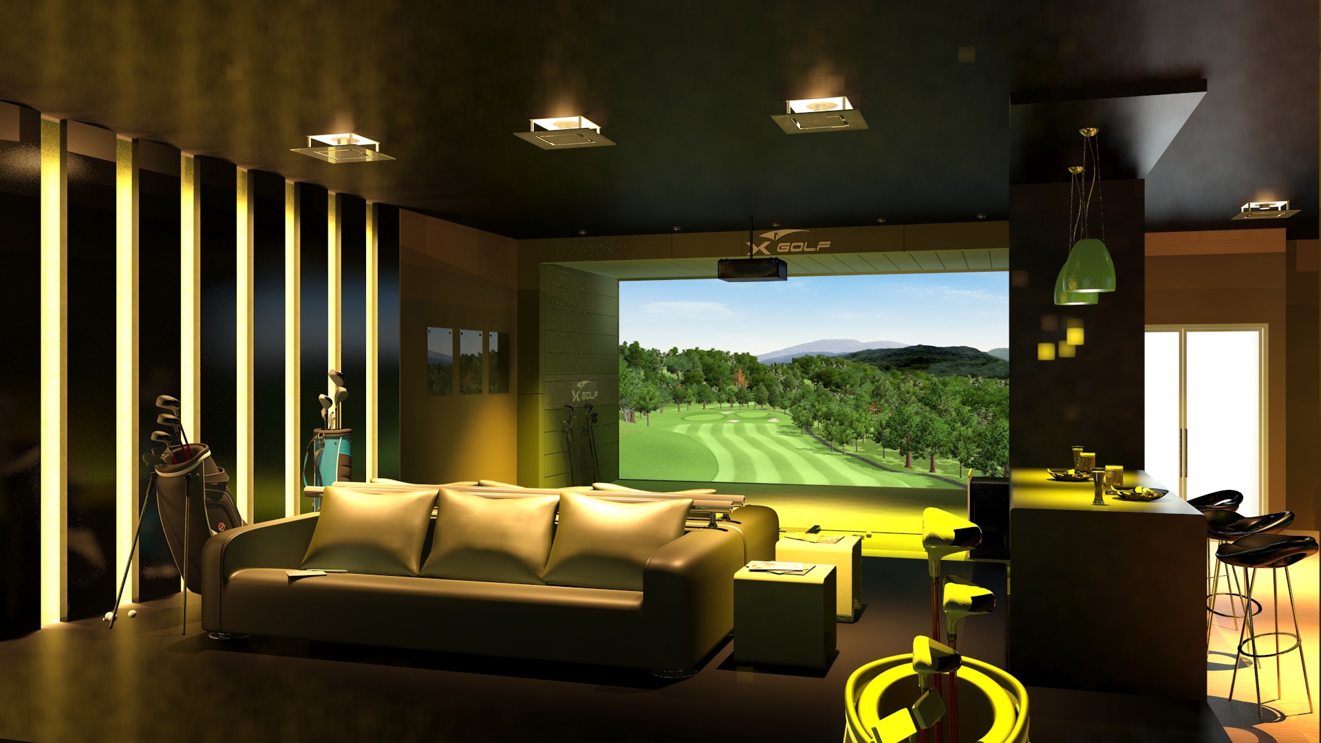 Golfer taking a swing inside a golf simulator bay